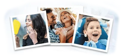 Collage of three snapshots: a woman holding a hand mirror, a couple laughing together, and a boy smiling in a dental chair